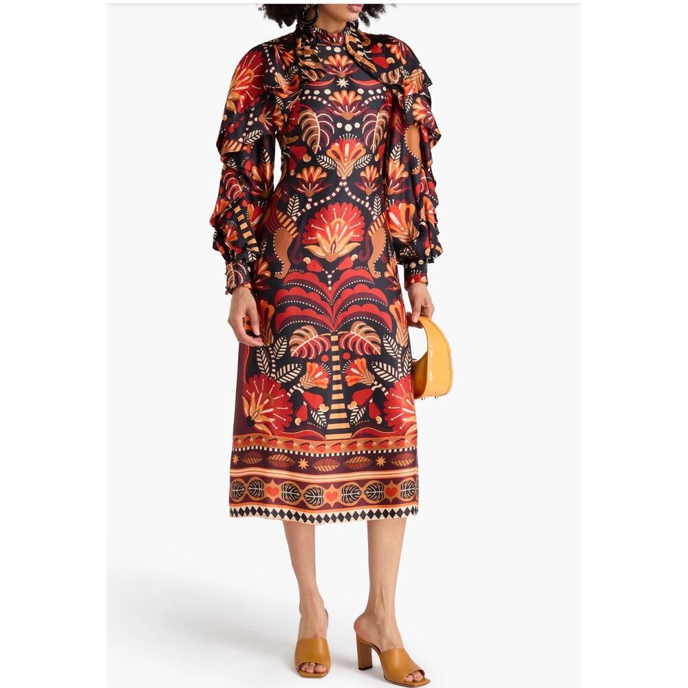 Farm Rio Ruffled Printed Satin Midi Dress - Picture 2 of 11
